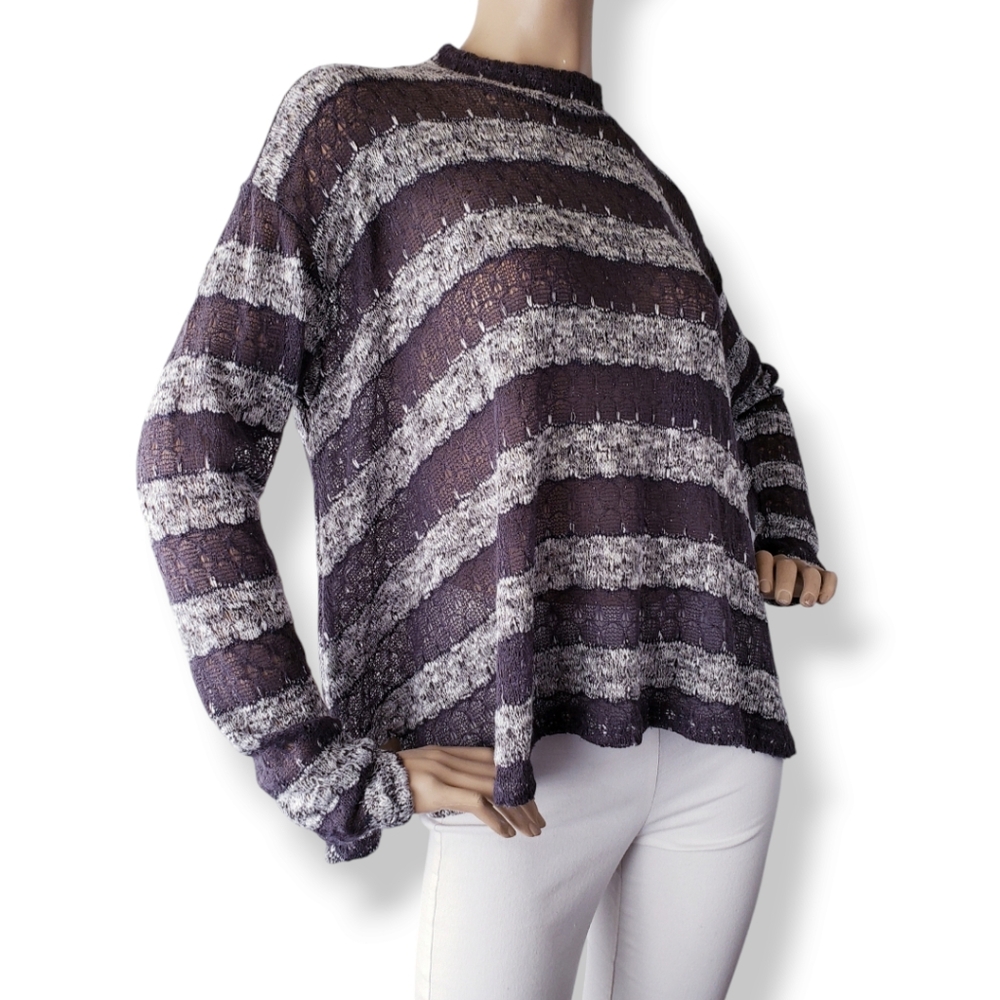 Basil Lola Gray Striped High Collar Oversized High Low Knit Sweater Top